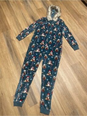 Women’s Teal sloth Print Hooded One-Piece Pajamas medium